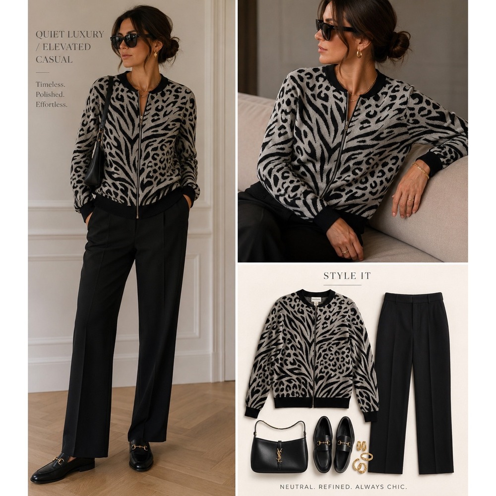 Alfred Dunner Womens Lrg Animal Print Metallic Zip Front Cardigan Sweater Black